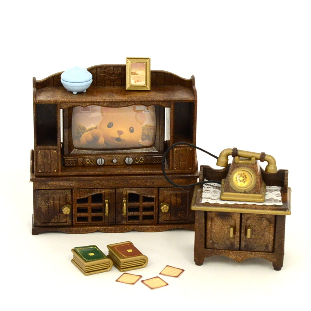 Classic Brown Television TV Telephone Stand Set 2019 14192 Sylvanian Families Calico Critters