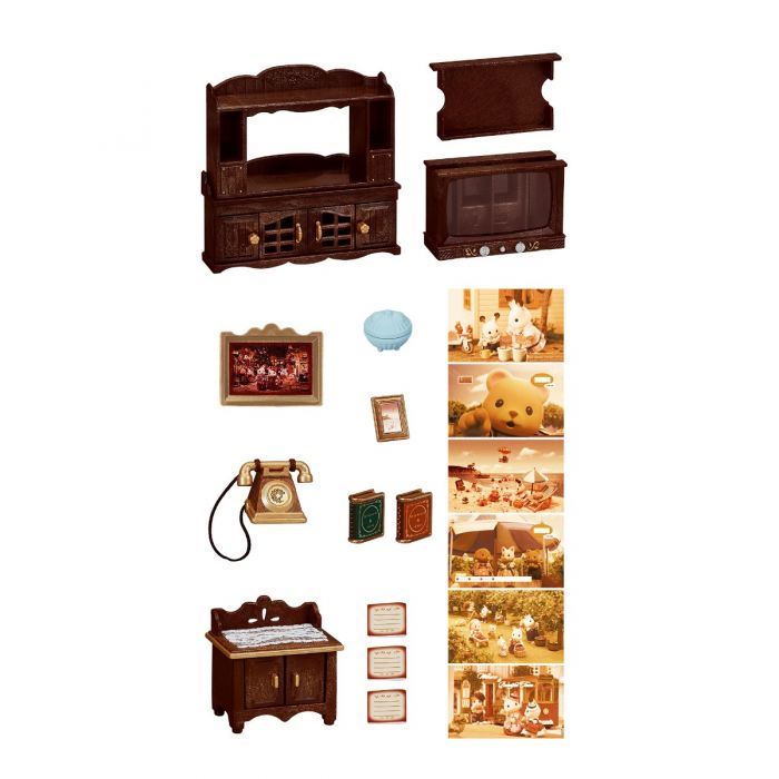 Classic Brown Television TV Telephone Stand Set 2019 14192 Sylvanian Families Calico Critters