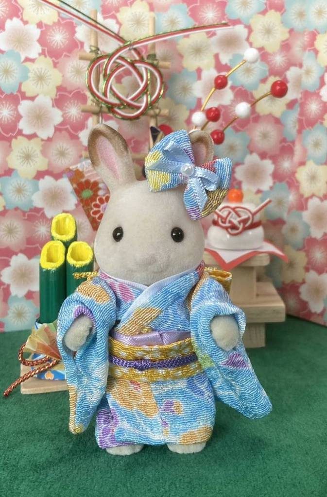 كيمونو يدوي الصنع للأم كريب أزرق فاتح/أصفر صنع في اليابان