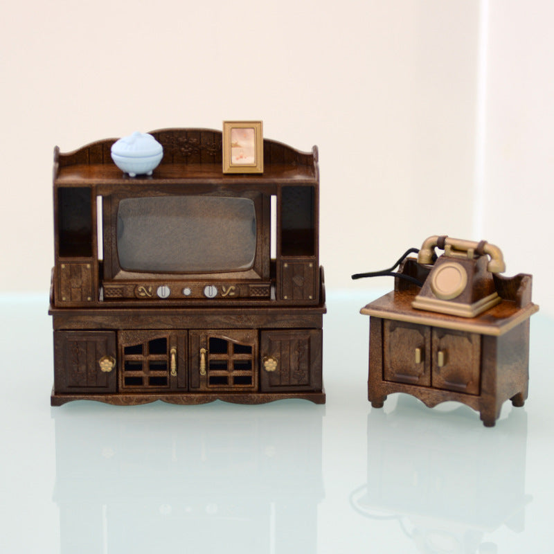 Classic Brown Television TV Telephone Stand Set 2019 14192 Sylvanian Families Calico Critters