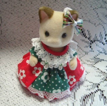 Red Flower Green Overskirt Dress Handmade