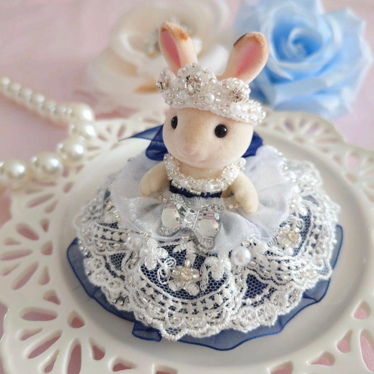 Navy & White Lace Tiered Dress Handmade