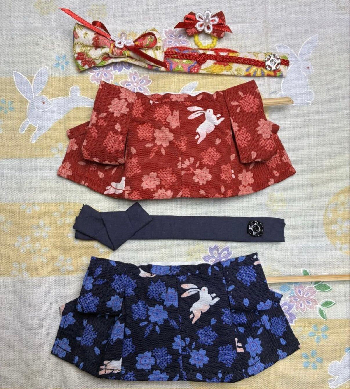 Rabbit-pattern Kimono Set for Mother and Father Handmade