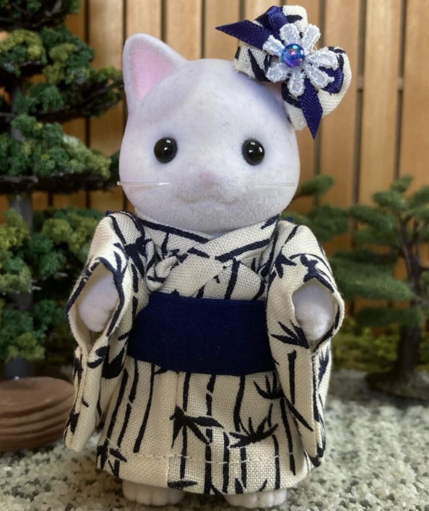 White Yukata Bamboo Pattern for Mother Handmade