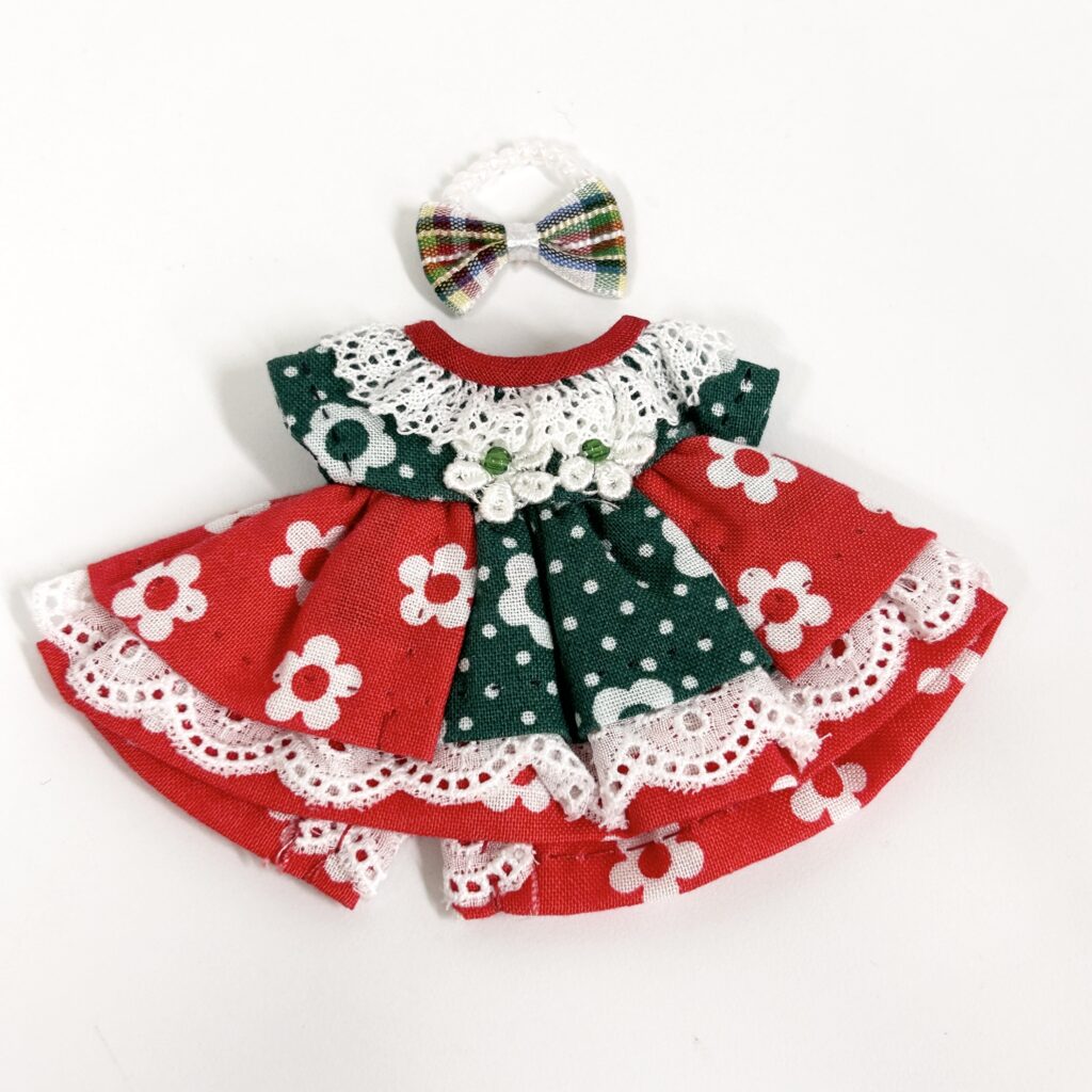 Red Flower Green Overskirt Dress Handmade