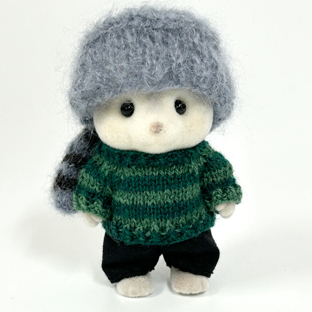 Hand-Knit Raccoon Tail Hat Grey Handmade