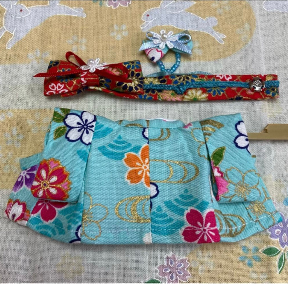Light Blue Wave Pattern Kimono For Mother Handmade