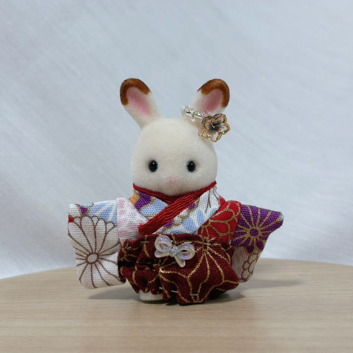 Baby Hakama 3-Piece Set Floral kimono with burgundy hakama Handmade