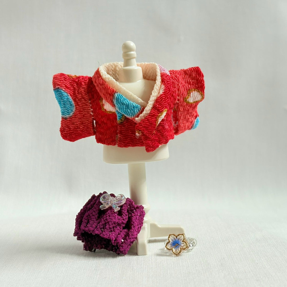 Baby Hakama 3-Piece Set Red Kimono with Purple Hakama Handmade