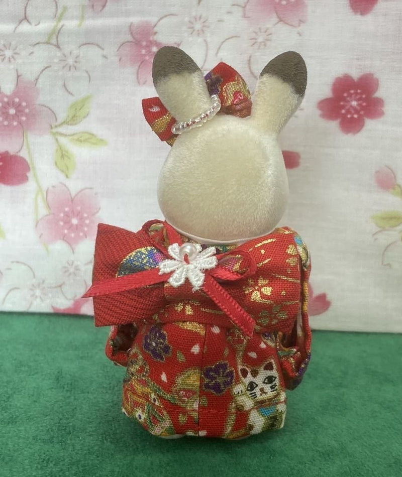 HANDMADE KIMONO FOR MOTHER RED BECKONING CAT Japan handmade