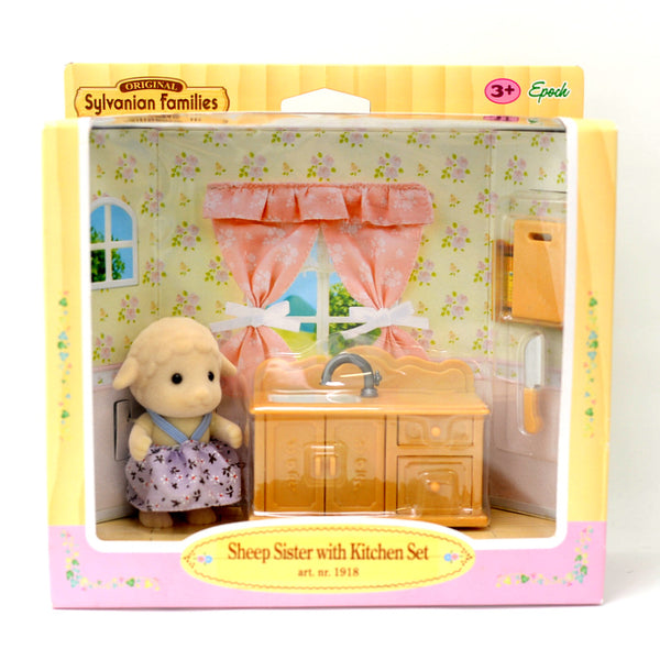 [Used] SHEEP SISTER WITH KITCHEN SET 1918 Epoch Sylvanian Families