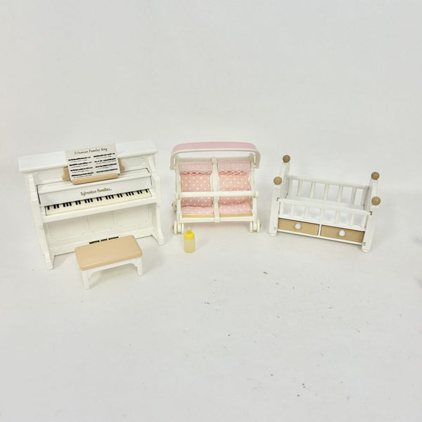 [Used] WHITE PIANO BABY BED STROLLER SET Epoch Japan Sylvanian Families