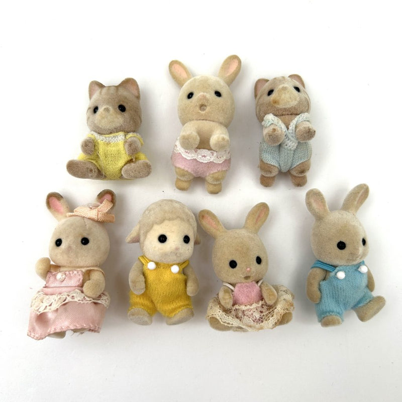 [Used] BABY SET 7 FIGURES RABBIT CAT AND SHEEP Japan Sylvanian Families