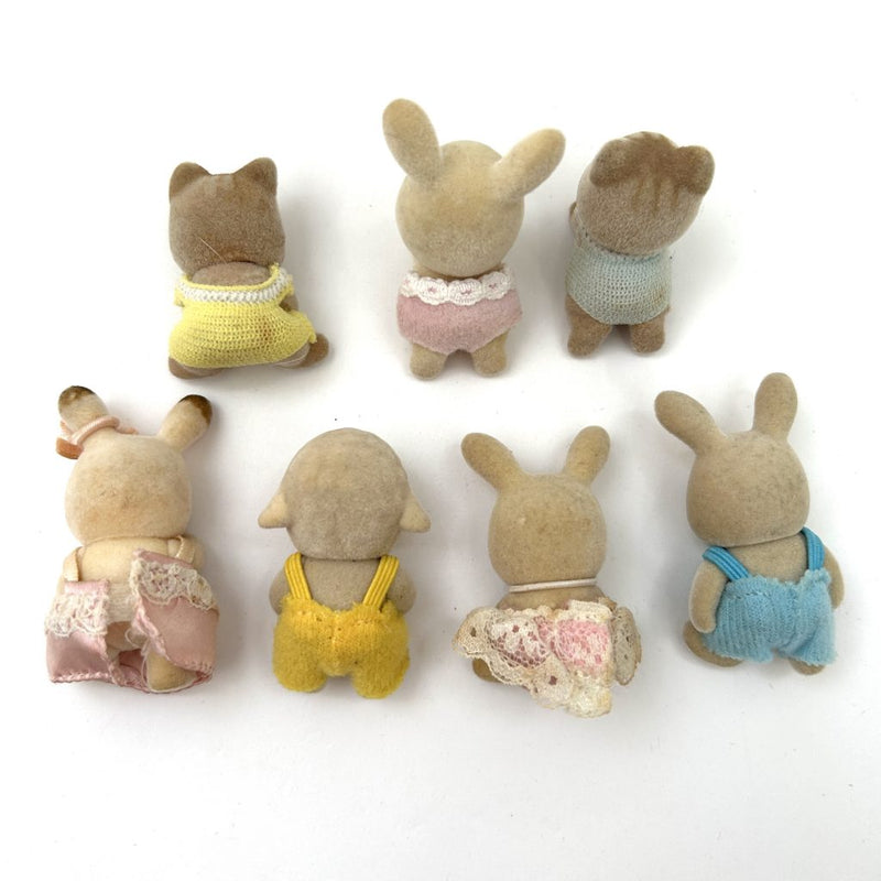 [Used] BABY SET 7 FIGURES RABBIT CAT AND SHEEP Japan Sylvanian Families