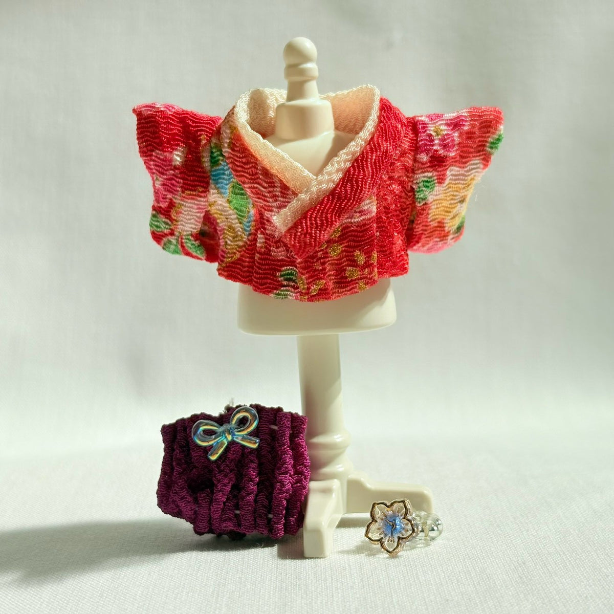 Baby Hakama 3-Piece Set Red Kimono with Purple Hakama Handmade