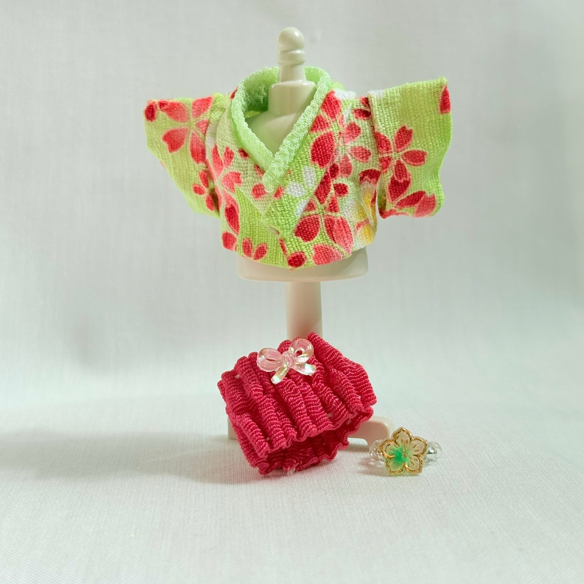 Baby Hakama 3-Piece Set Green Kimono with Pink Hakama Handmade
