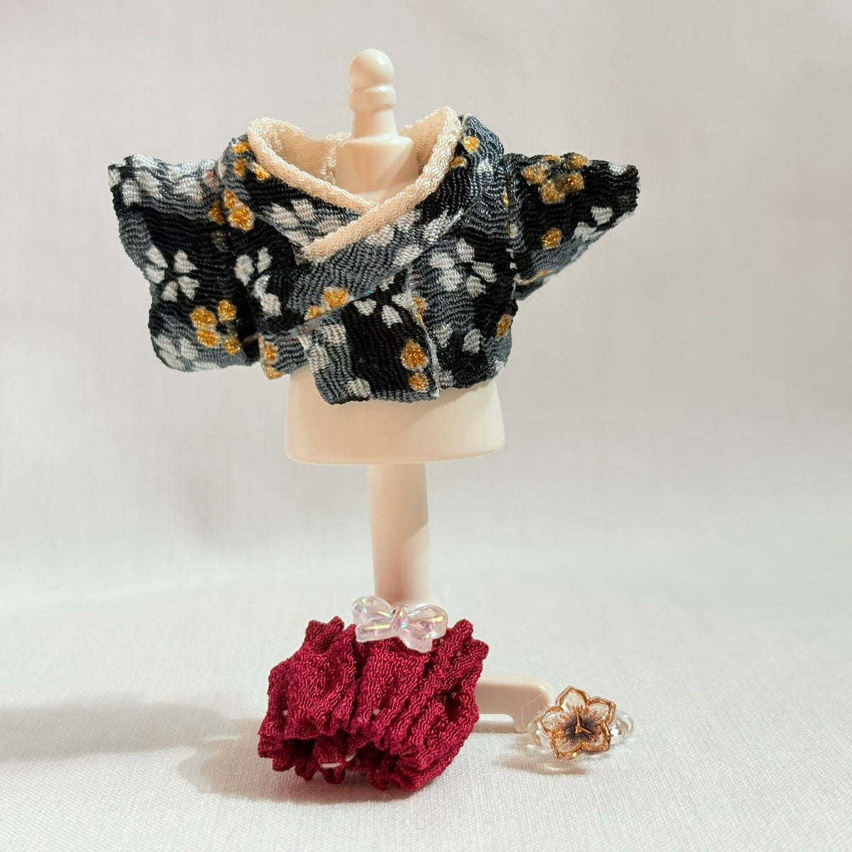 Baby Hakama 3-Piece Set Black Kimono with Red Hakama Handmade