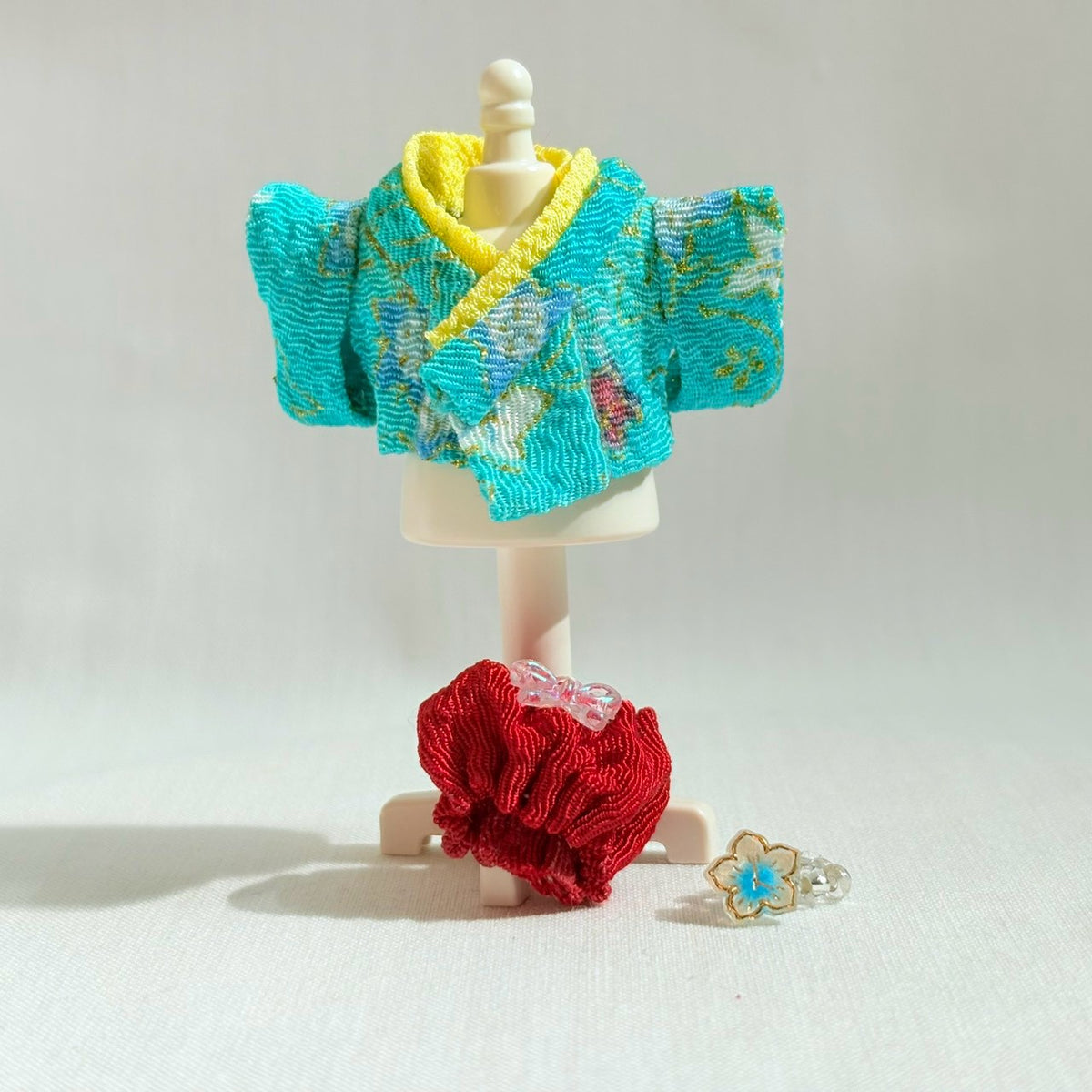 Baby Hakama 3-Piece Set Blue Kimono with Red Hakama Handmade