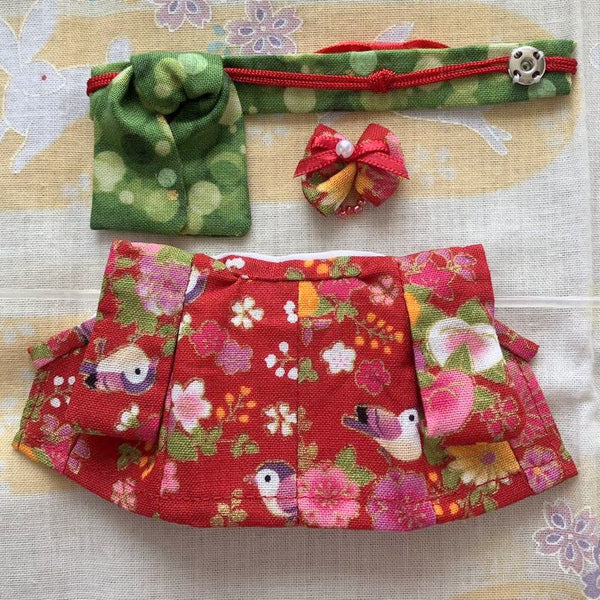 HANDMADE KIMONO FOR MOTHER RED FLORAL SPARROW Japan handmade