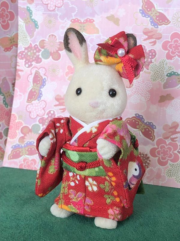HANDMADE KIMONO FOR MOTHER RED FLORAL SPARROW Japan handmade