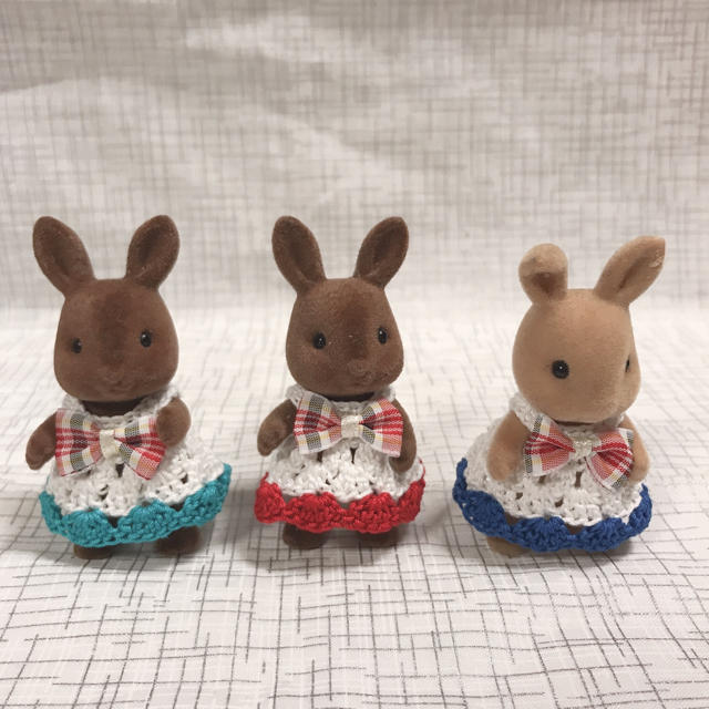HANDMADE KNITTING DRESS w/ Plaited Ribbon BLUE RED and GREEN Sylvanian Families
